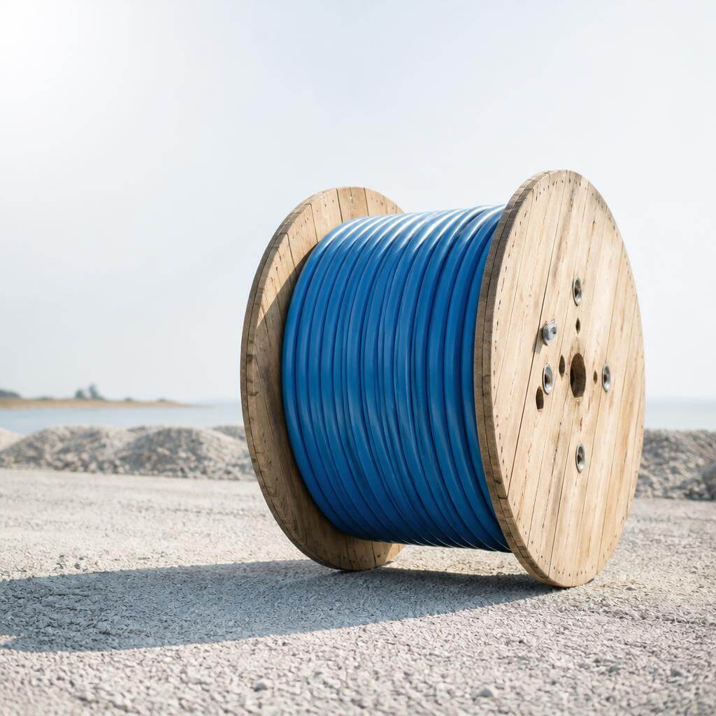 a roll of blue fiber optic cable